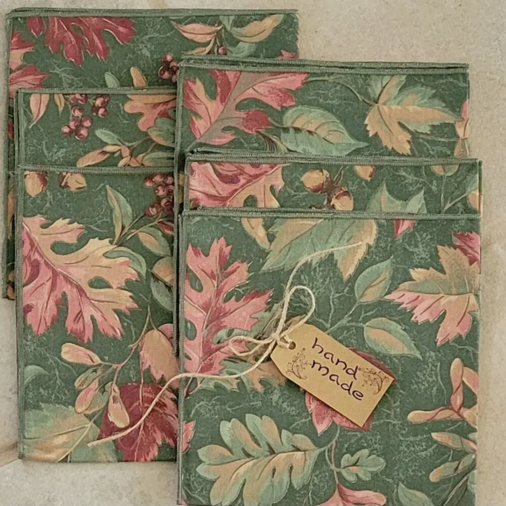 VTG Handmade Autumnal Leaf Print Artisan Oblong Tablecloth and 6 Napkins NEW